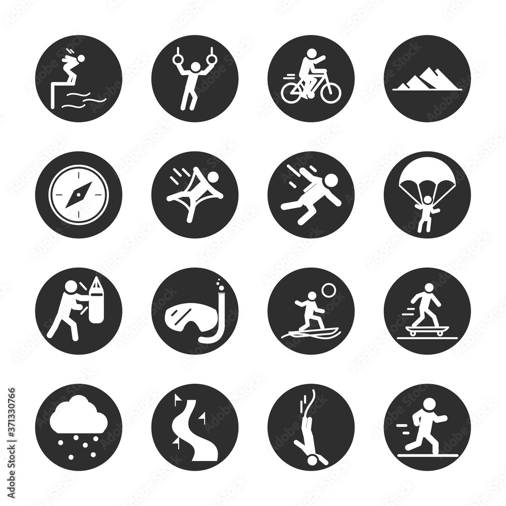 extreme sport active lifestyle jogging ski motocross diving block and flat icons set