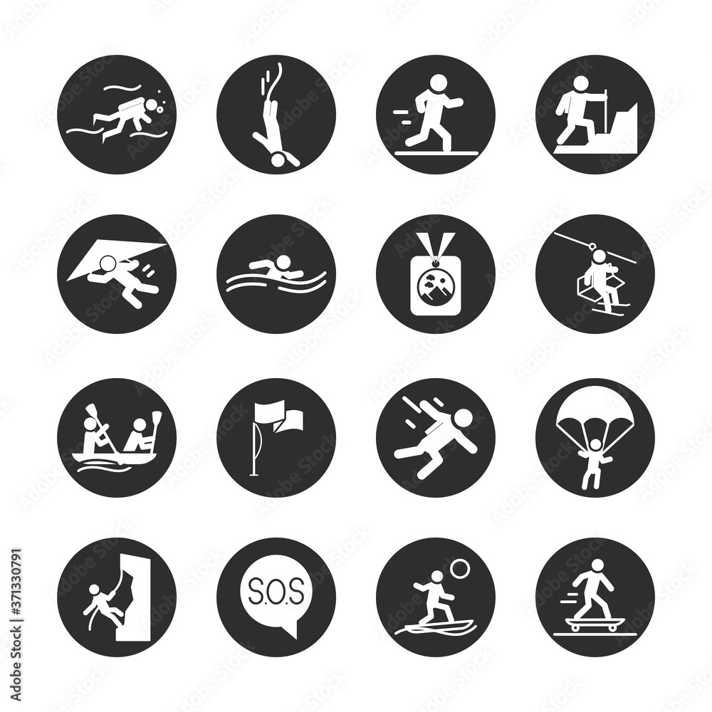 extreme sport active lifestyle diving runner skate boxing block and flat icons set extreme sport active lifestyle diving runner skate boxing block and flat icons set