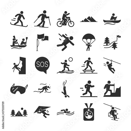 extreme sport active lifestyle snowbording ski motocross diving swim freediving silhouette icons set design photo