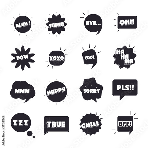 slang bubbles different words and phrases, bang yes sorry yeah flat icons set