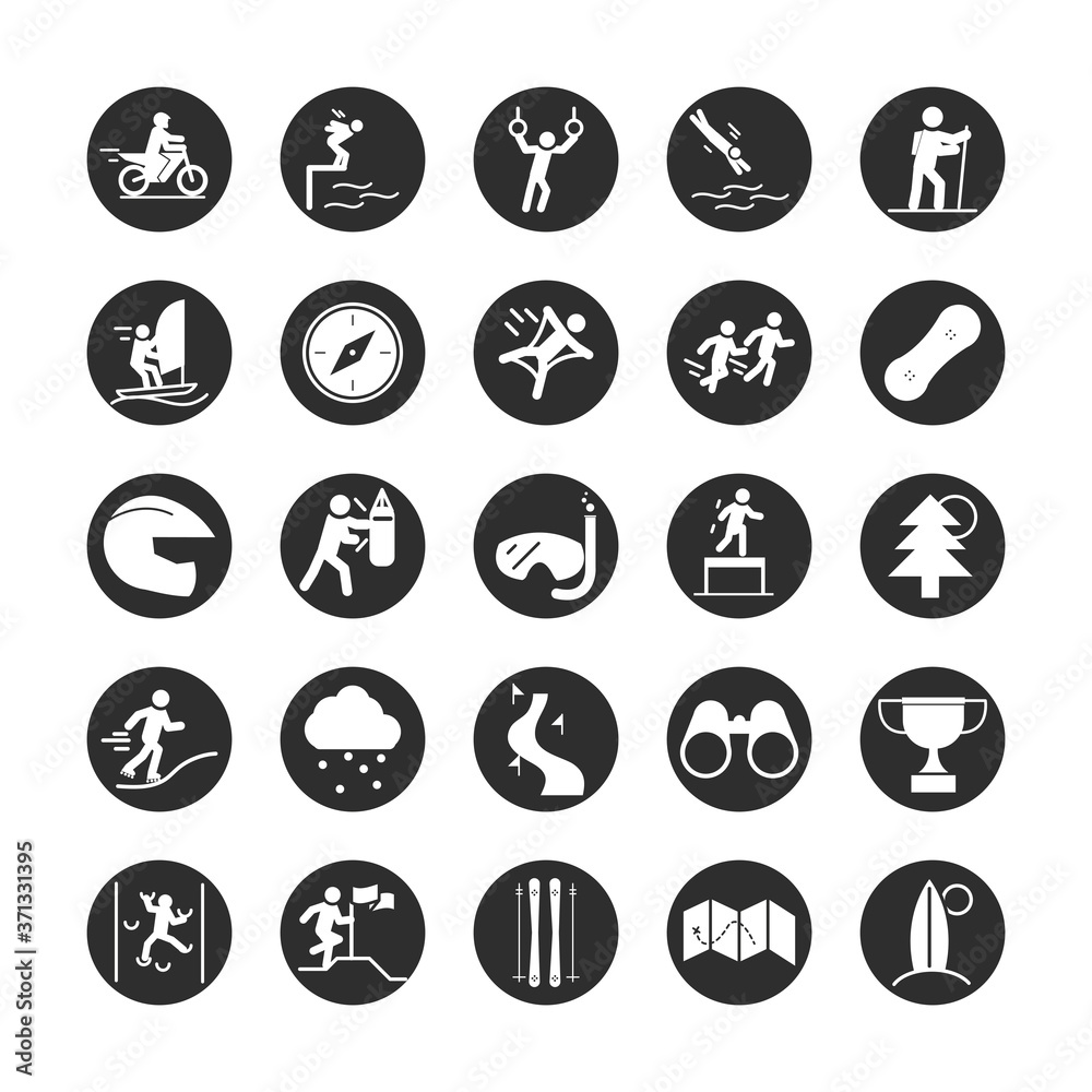 extreme sport active lifestyle gymnastics runner swin diving ski climbing block and flat icons set