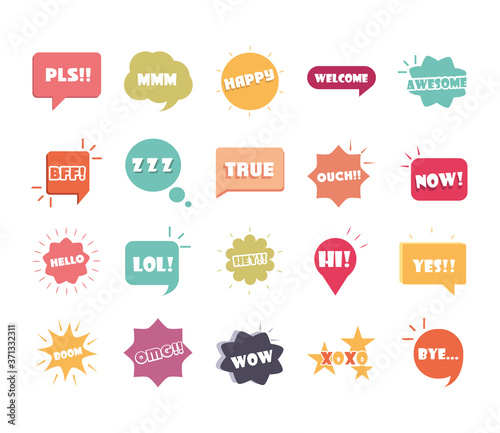 slang bubbles different words and phrases in multicolor cartoon, true hello omg flat icons set