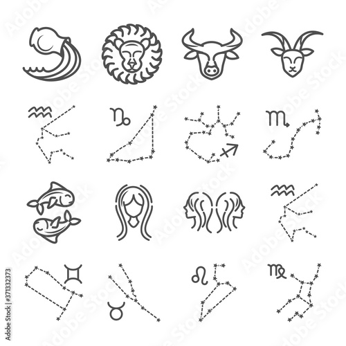 zodiac astrology horoscope calendar constellation capricorn leo taurus gemini icons collection line style