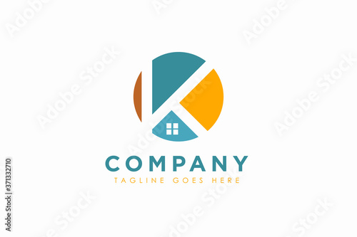 Abstract letter K with House Logo Design template. Colorful creative sign. Universal vector icon. Modern logotype symbol