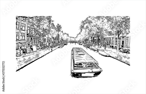 Building view with landmark of Amsterdam is the Netherlands’ capital, known for its artistic heritage. Hand drawn sketch illustration in vector.