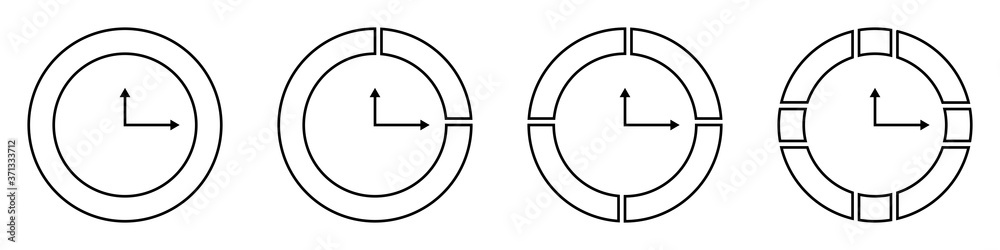 Conjunto de Iconos de reloj. Hora y minutos. Ilustración vectorial estilo líneas, diferentes diseños. Alarma Conjunto de Iconos de reloj. Hora y minutos. Ilustración vectorial estilo líneas, diferentes diseños. Alarma