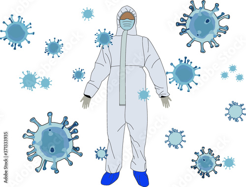 Blue Coronavirus COVID-19 disease molecule SARS-COV2 with Blue Full PPE protective gears