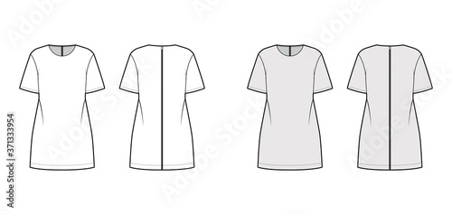 Back zip-up oversized dress technical fashion illustration with round neck, elbow sleeves, above-the-knee length. Flat apparel tunic template front, back, white, grey color. Women, men, unisex mockup