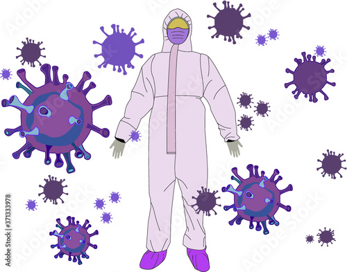 Purple Pink Coronavirus COVID-19 disease molecule SARS-COV2 with Purple Pink Full PPE protective gears