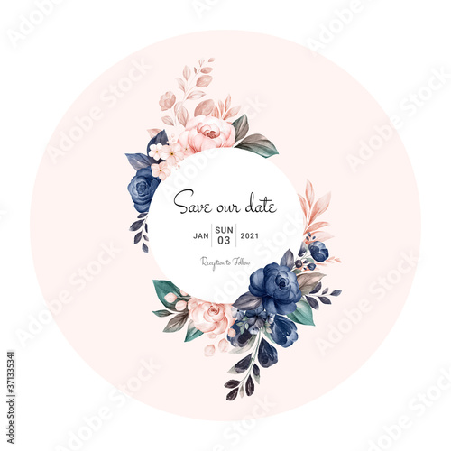 Floral frame of navy and peach watercolor roses and various leaves. Botanic illustration for card composition design