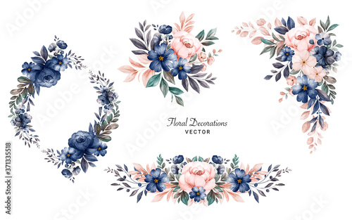 Set of watercolor floral frame bouquets of navy and peach roses and leaves. Botanic decoration illustration for wedding card, fabric, and logo composition