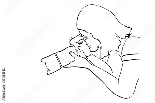 Woman Photographer Take a Picture, using dlsr, tele lens attatched, simple vector manual hand draw sketch, isolated on white
