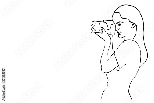 Woman Photographer Take a Picture, using dlsr, tele lens attatched, simple vector manual hand draw sketch, isolated on white

