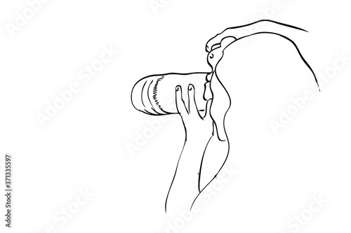 Woman Photographer Take a Picture, using dlsr, tele lens attatched, simple vector manual hand draw sketch, isolated on white
