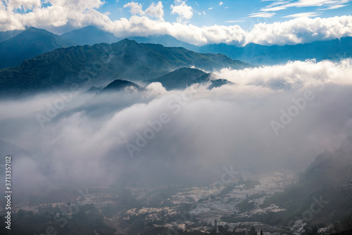 Rice field terraces. Mountain view in the clouds. Sapa, Lao Cai Province, north-west Vietnam