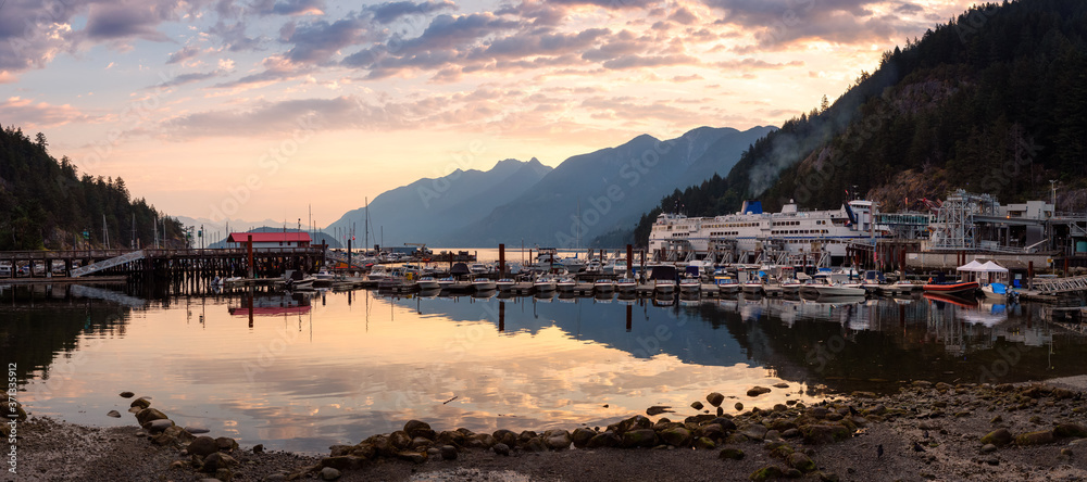 Horseshoe Bay with Marina and Howe Sound in Background during a colorful summer sunrise. Located in West Vancouver, British Columbia, Canada.
