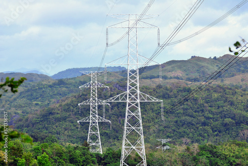 Tall high electric tower and power lines