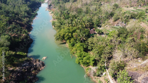 Aerial view of the clean and green Oyo river. Bantul Yogyakarta