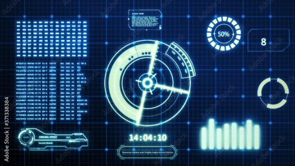 HUD driving car speed user interface computer screen display with pixels background. Blue abstract digital transformation hologram holographic technology concept. Sci-fi. 4K motion graphic footage
