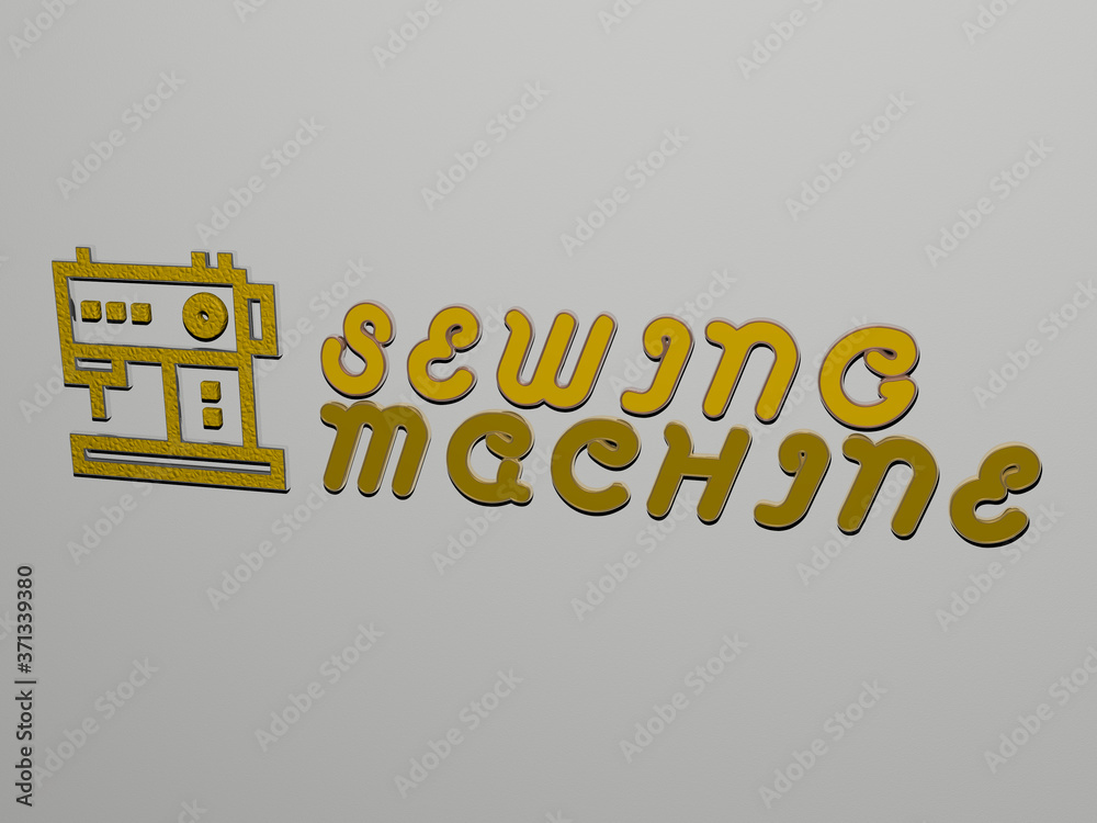 sewing machine icon and text on the wall - 3D illustration for background and design