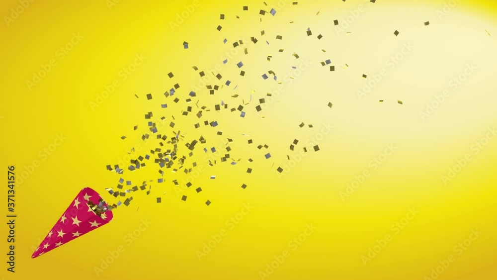 Party cracker exploding animation, flying confetti - Golden background