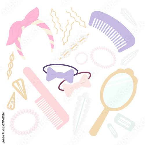 Set of accessories for a hairstyle. Hairbrush, comb, mirror, headband, hair bands, hairpins. Cute cartoon icons. Vector illustration isolated on white background.