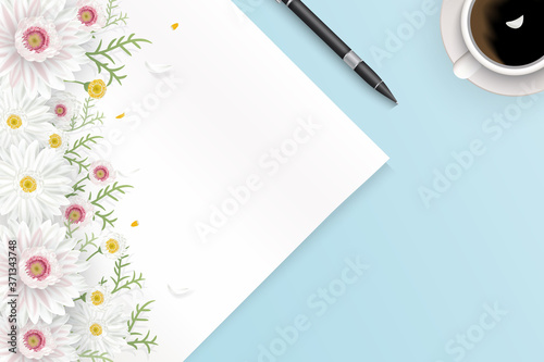 Mock up scene Vector illustration with blank paper, pen, coffee cup and flowers decorated on worktable