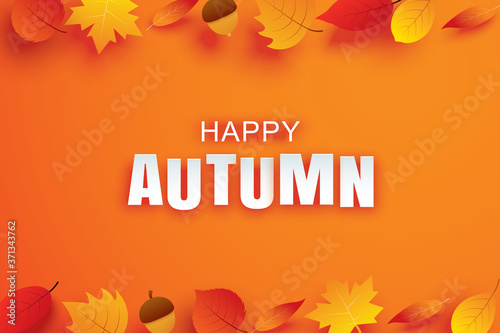 Happy autumn paper art style with leaves hanging on orange background. Use for greeting card or invitation.
