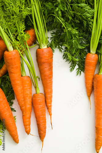 Carrots with leaves in white background with copy space