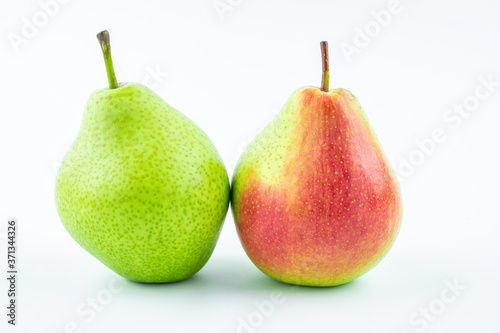 Fresh red crispy pears on white background