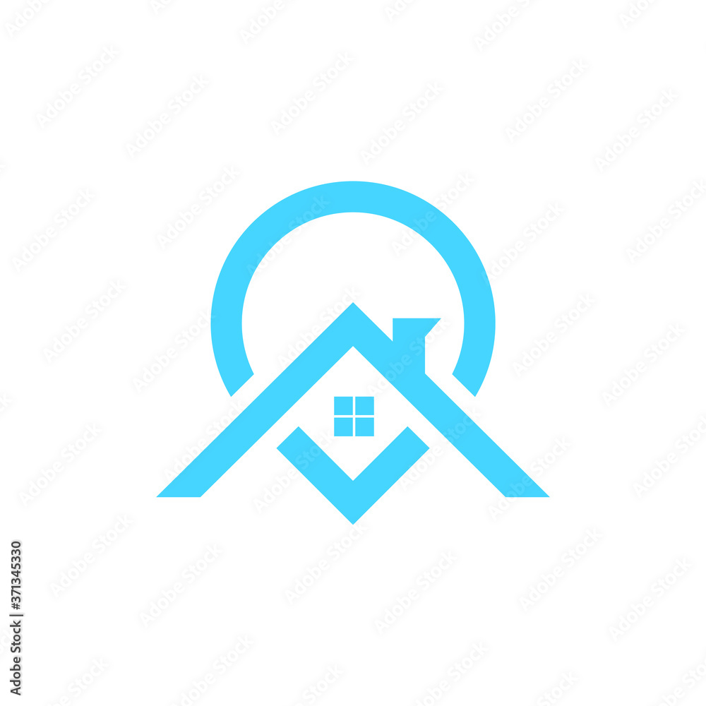 Home search logo - house with window and chimney and magnifier symbol. Home, house, building logo. Vector stock illustration. Home search logo - house with window and chimney and magnifier symbol. Home, house, building logo. Vector stock illustration.