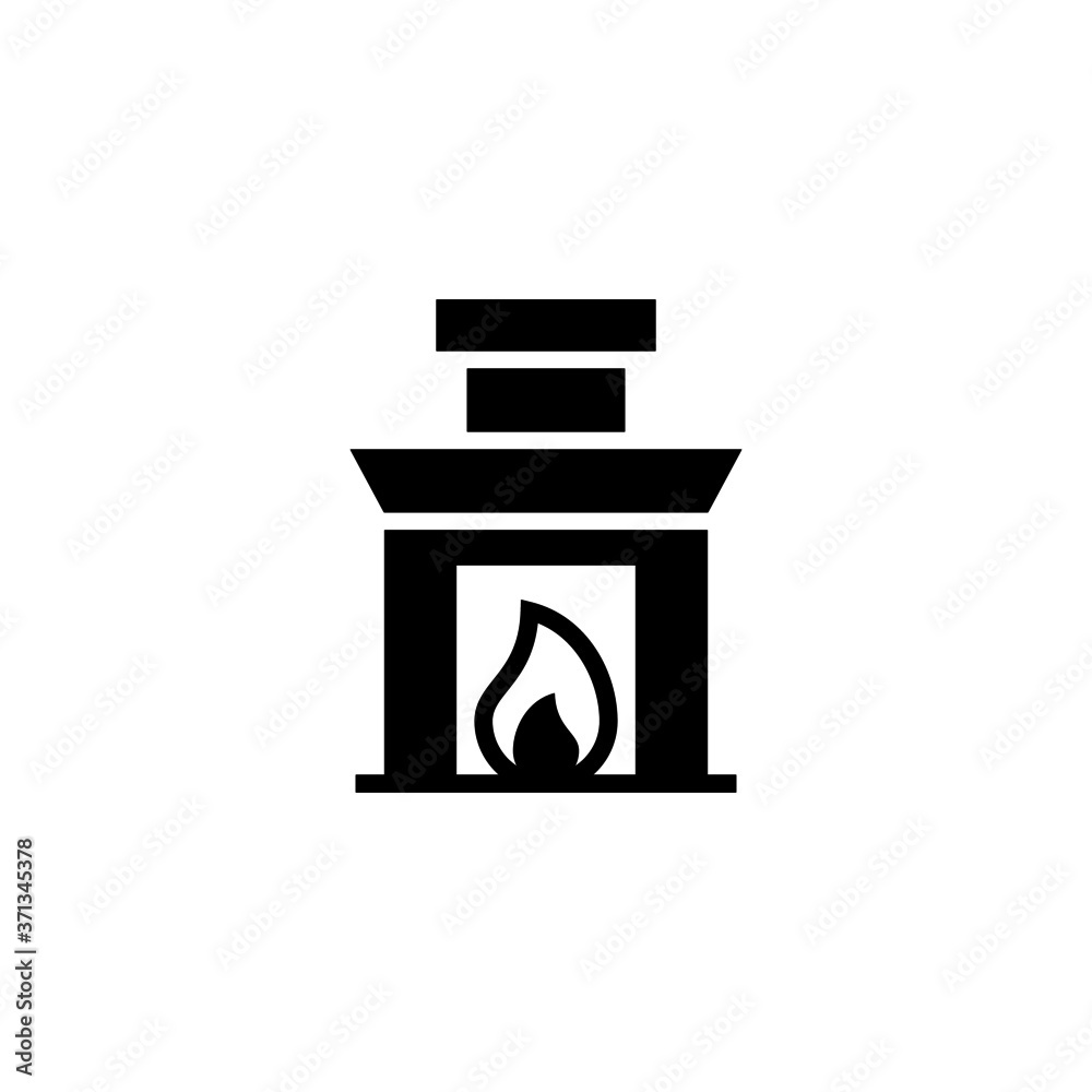 Fireplace icon in black flat glyph, filled style isolated on white background