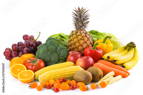 Variety of fresh fruits and vegetables on white background