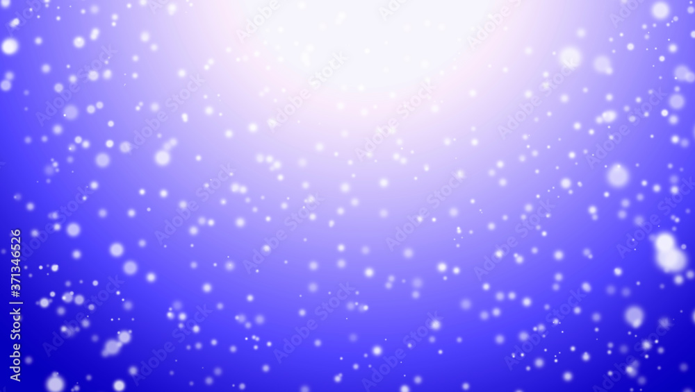 White snowfall, night sky, bokeh, dots defocus glitter blur on blue background. illustration.