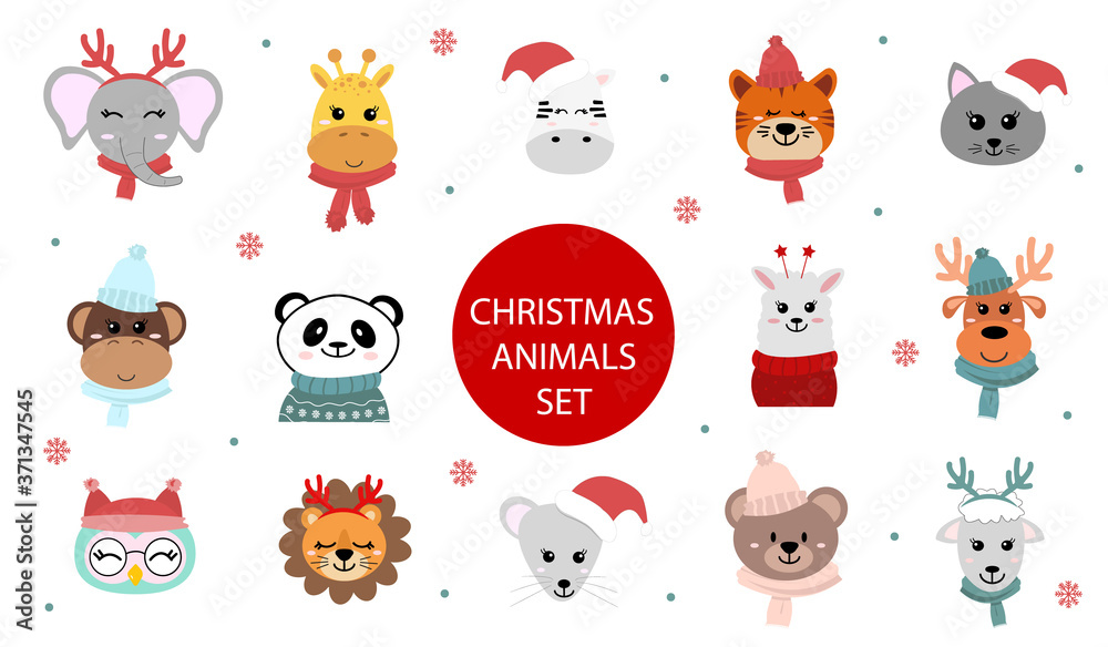 Set of cute christmas animals characters. Cartoon zoo. Vector illustration in flat style. African and Siberian animals.
