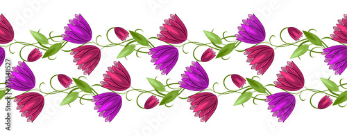 Seamless vector tulip flower border on white background