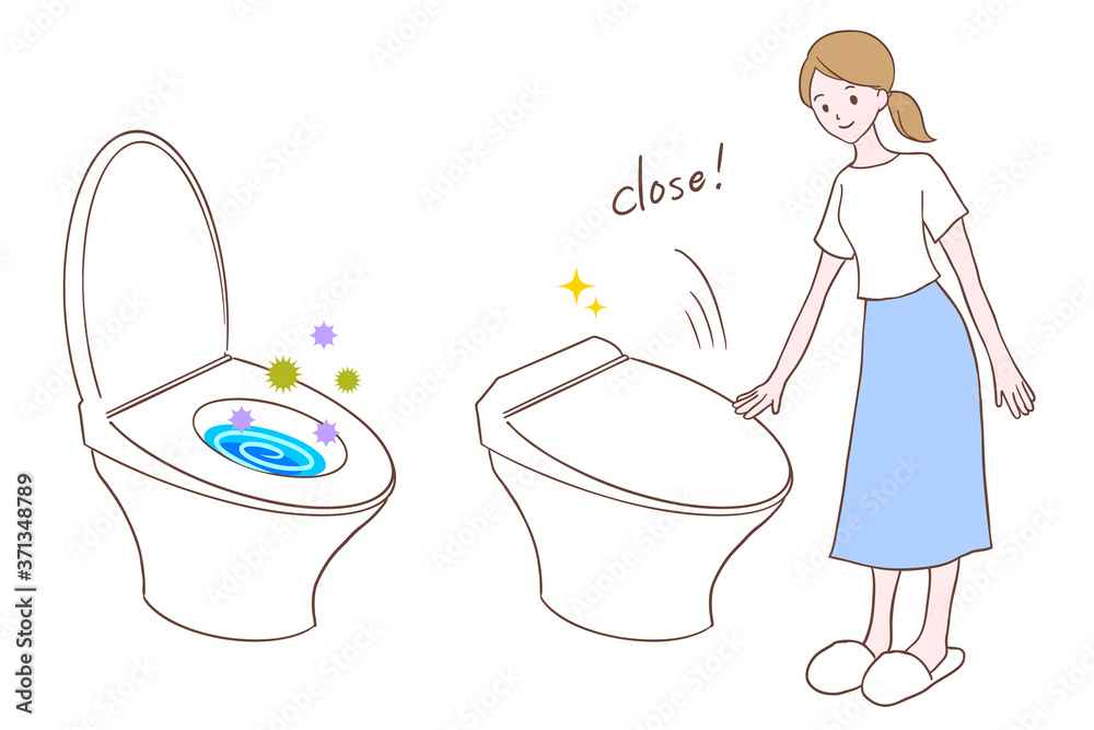 トイレの蓋を閉める女性と閉めずに飛散する菌のイラスト Stock Vector Adobe Stock