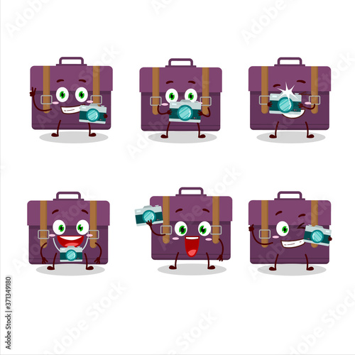 Photographer profession emoticon with purple suitcase cartoon character