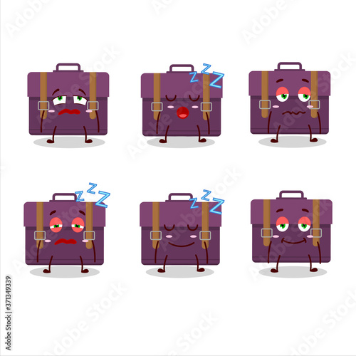 Cartoon character of purple suitcase with sleepy expression