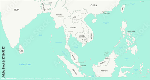 Indochina Countries map. Detailed world Map Vector with Country Capital City Names.