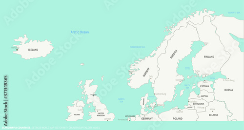 Scandinavia Countries map. Detailed world Map Vector with Country,Capital,City Names.