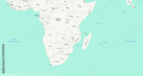 South Africa Countries map. Detailed world Map Vector with Country Capital City Names.