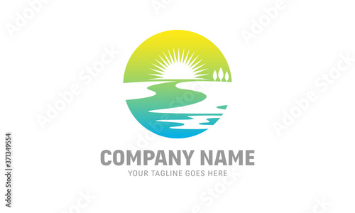 Colorful Circle Sunrise River Logo - Sunset Vector Icon - Landscape Abstract Illustration
