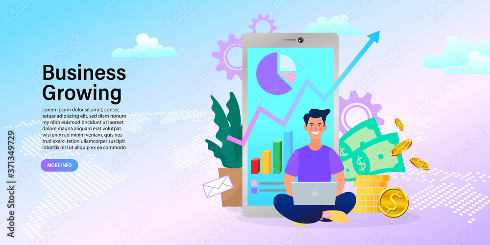 Naklejka premium successful businessman pointing at chart going up. Graph to success. Business growing. Vector flat design illustration. 