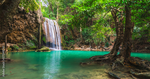Canvas Print Beautiful nature scenic landscape Erawan waterfall in deep tropical jungle rain