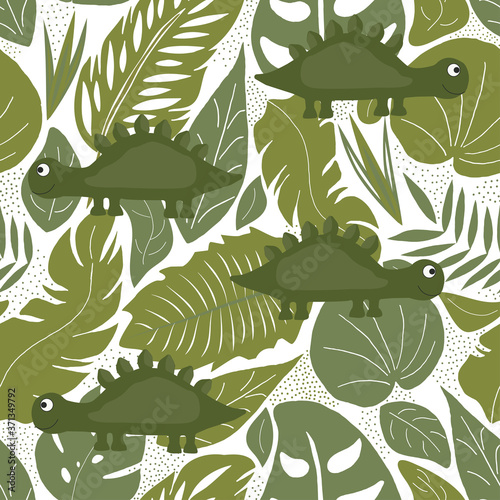 Hand drawn seamless pattern with dinosaurs and tropical leaves and flowers. Ideal for children fabrics, textiles, children's Wallpaper. Cute Dino design. Vector illustration.