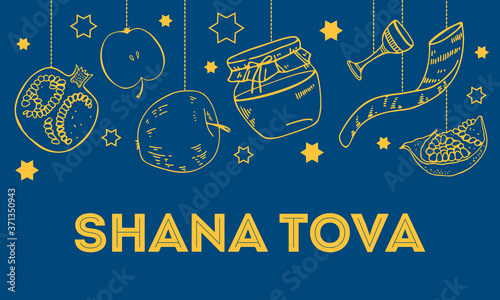 Jewish new year Rosh Hashanah design template with traditional objects hanging on the top of the page. Title in Hebrew Have a good year. Hand drawn vector sketch illustration