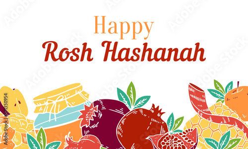 Jewish new year Rosh Hashanah design template with traditional objects and food on the bottom of the page. Title in Hebrew Head of the year. Hand drawn vector sketch illustration