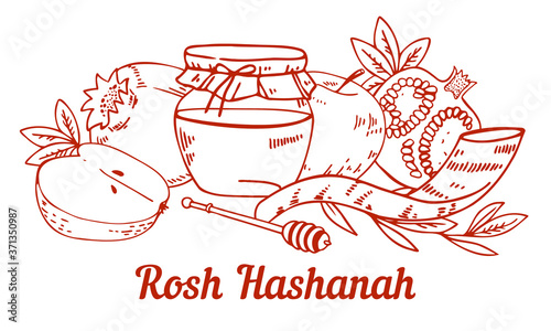 Jewish new year Rosh Hashanah composition with traditional objects and food. Title in Hebrew Head of the year. Hand drawn vector sketch illustration