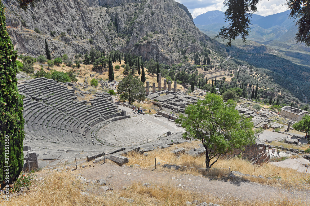 Panorama with greek theater in Delphi, Greece